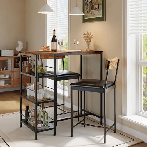 GarveeLife Dining Table Set for 2, Counter Height Bar Table Set with Storage ＆ Stools, High Top Pub Table and Chairs for Kitchen, Dining Room, Sofa Side, Apartment, Breakfast Nook - color: Brown