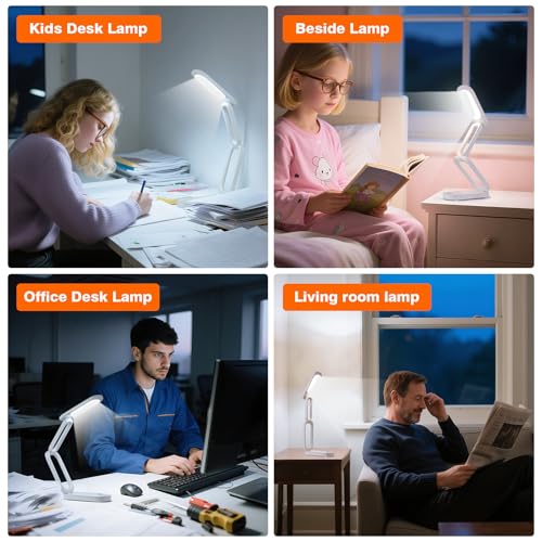 Foldable LED Desk Lamp, Rechargeable Battery Operated Portable Light with 3 Brightness Levels, 180° Adjustable Eye-Caring Mini Lamp for Home Office, Reading & Travel (White)