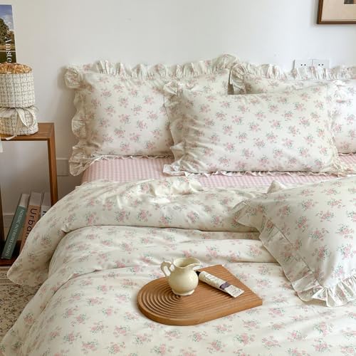 mixinni Pink Floral Duvet Cover Set Twin Size - 100% Cotton Ruffle Lace Bedding Set for Girls, Romantic Cottagecore Style Duvet Cover with Zipper Closure, Soft Aesthetic Princess Bedding-Twin - color: B1 # Ruffle Lace - Pink Floral, size: Twin(68" x 86")
