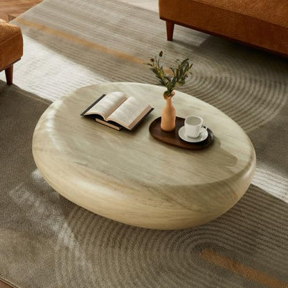 43.3" Oval Concrete Coffee Table, Travertine Style Stone Table | Modern Faux Stone Center Table, Accent Tea Table for Living Room, Drum Fiberglass Coffee Table, No Need Assembly - color: A-43.3" Mars Pattern