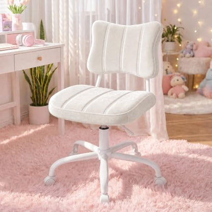 Homkdom Velvet Vanity Chair with Bow Backrest & Height Adjustable,Bedroom | Armless,360 Swivel,Silent Casters for Dressing Room & Living Room, Home Office,Make up,Reading,Beige - color: Beige
