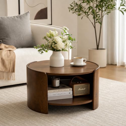 Walnut Round Coffee Table, 2-Tier 31.5" Open Storage Modern Center Table | Mid Century Wooden Circle Coffee Table with Shelf & Curved Wood Legs for Living Room, Home Office, Reception Room, Apartment - color: Walnut