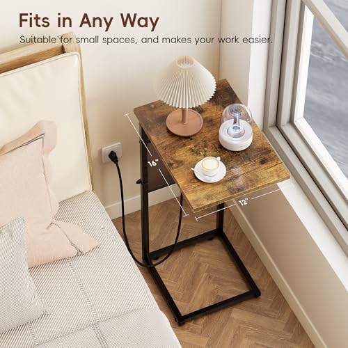 C Shaped End Table with Charging Station, Adjustable Height Side Table for Couch, Small Sofa Table with Storage Bag, Slide Under Sofa TV Tray Snack Arm Tables for Living Room, Bedroom, Brown - color: Rustic Brown, style: With Plug
