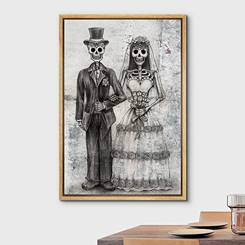 wall26 - Framed Canvas Print Wall Art - Wedding Photo with a Skull Couple - Gallery Wrap Modern Home Art | Ready to Hang - 16"x24" Natural - color: Artwork - 26, size: 24"L x 16"W