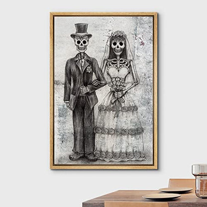 wall26 - Framed Canvas Print Wall Art - Wedding Photo with a Skull Couple - Gallery Wrap Modern Home Art | Ready to Hang - 16"x24" Natural - color: Artwork - 26, size: 24"L x 16"W
