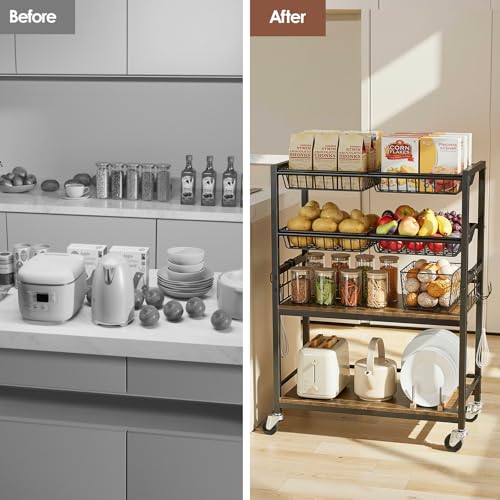 Fruit Vegetable Storage Cart, 4 Detachable Basket | 4-Tier Kitchen Rolling Storage Cart, Fruit & Vegetables Stand, Snack Organizer for Kitchen, Bathroom, Living Room - color: Black, size: 4 Tier Cart(12 in)