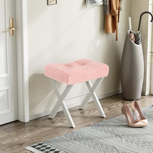 18-Inch Vanity Stool Chair, Pink Padded Saddle Makeup Stool | Teddy Flannel Vanity Bench, Metal X-Leg, 300 LBS, 16.3"x12.4"x18", Ottoman Accent Stool, Breathable Soft Saddle Seat - size: Small, style: Pink Fabric