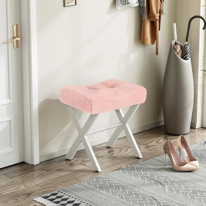 18-Inch Vanity Stool Chair, Pink Padded Saddle Makeup Stool | Teddy Flannel Vanity Bench, Metal X-Leg, 300 LBS, 16.3"x12.4"x18", Ottoman Accent Stool, Breathable Soft Saddle Seat - size: Small, style: Pink Fabric