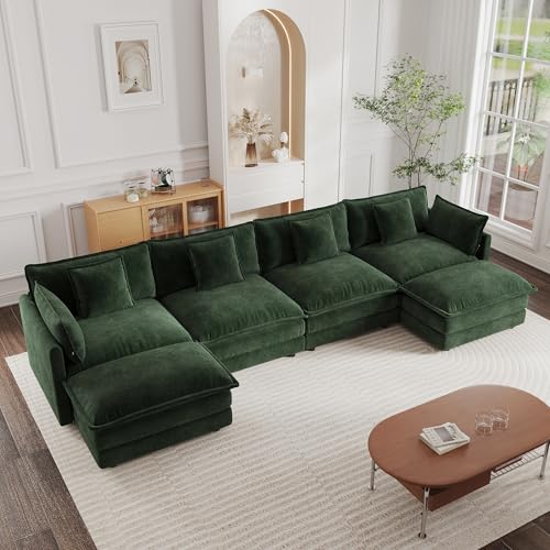Modular Sectional Sofa, 146.5 Inch U Shaped Couch Set for Living Room, 4-Seater Comfy Cloud Couches with Two Movable Ottoman, DIY Combination, Chenille, Evergreen - color: Evergreen, size: 146.5 Inch- U