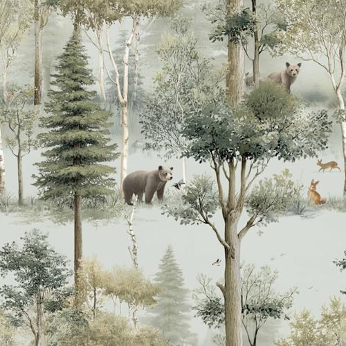 Tree Wallpaper Whimsical Woodland Animal Peel and Stick Wallpaper, | Green and Gray Nature-inspired Forest Pattern Wallpaper for Home Decor | 17.7" x 118", Self-Adhesive, Waterproof Vinyl - color: ML-M096, size: 17.7" x 236"