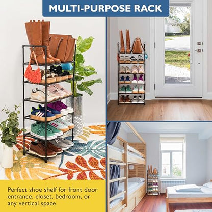 Sundaze Shoe Rack - 6 Tier Tall Shoe Rack for Closet, Sturdy Stackable Shoe Organizer for Closet, Bedroom, Entryway, Garage, Non Woven Fabric Shelf, Black, Holds 12-18 Pairs - size: 6 Tier (18.3" W)