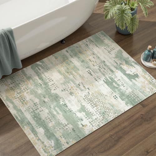 DCX Washable Abstract Area Rug 3x6, Non Slip Low Pile Rug, Sage Green | Easy to clean, non-shedding, soft, kid & pet friendly, with a non-slip rubber backing for living rooms, bedrooms, and offices - color: Green & White, size: 3' x 6'
