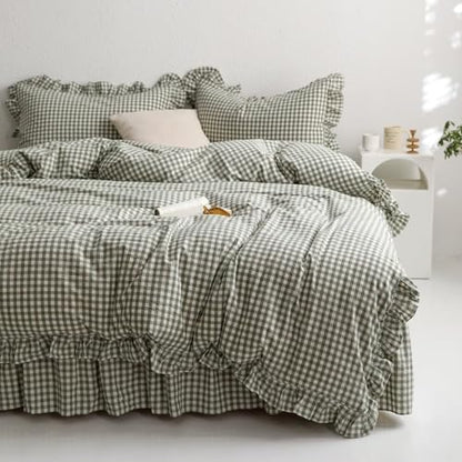 MKXI Sage Green Gingham Duvet Cover Twin, 3-Piece Ruffled Bedding Set - 100% Washed Cotton, Breathable Lightweight Fabric - Farmhouse Boho Chic Style Comforter Cover - color: 002 Ruffle- Green Gingham, size: Twin