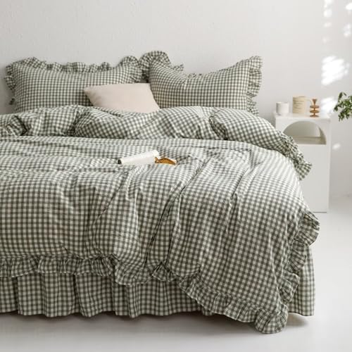 MKXI Sage Green Gingham Duvet Cover Twin, 3-Piece Ruffled Bedding Set - 100% Washed Cotton, Breathable Lightweight Fabric - Farmhouse Boho Chic Style Comforter Cover - color: 002 Ruffle- Green Gingham, size: Twin