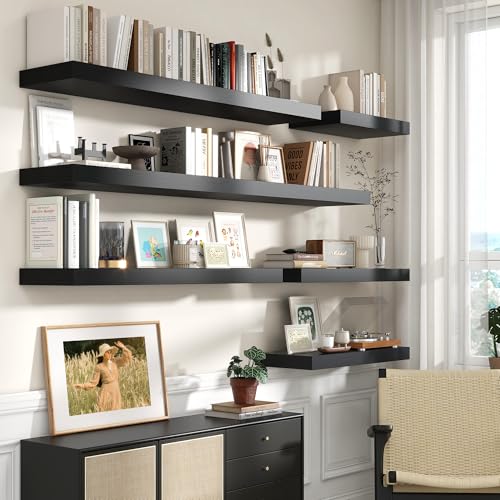 30 Inch Floating Shelves, 12'' Deep Black Shelves for Wall Set of 2 | Invisible Brackets, Engineered Wood, Mounting Hardware Included, 45LBS, Bathroom, Laundry Room, Kitchen, Living Room - color: Black, size: 30W x 11.6D x 2H, 2 Pack
