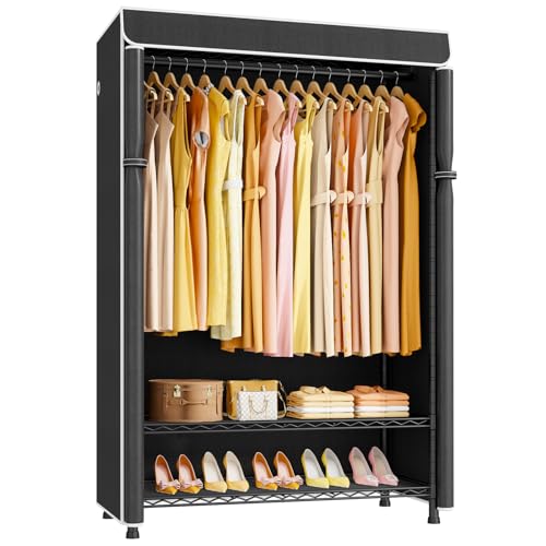 H5C Plus Clothes Rack with Cover, Covered Clothing Rack Heavy Duty | Garment Rack with Shelves, 3-Tier Portable Closets for Hanging Clothes, Max Load 370LBS, Black Closet Racks with Black Cover - color: Black Rack with Black Cover, size: H5C Plus