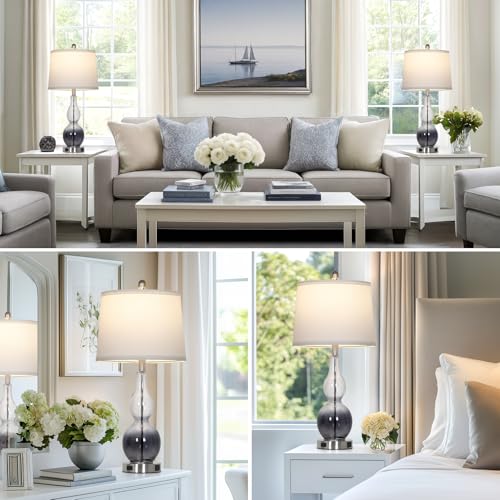 Rinweey 27.5" Gradual Gray Clear Glass Table Lamp Set of 2,3-Way Dimmable Touch Control Bedside Lamps with USB Ports and AC Outlet, Modern Nightstand Lamps for Bedroom Living Room - color: Gray