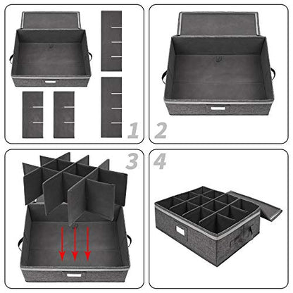 popoly Mug Storage Box with dividers, China Coffee Cup Storage Containers | Coffee Mug Storage with Rivet Reinforced Handles, Holds 12 Coffee Mugs and Tea Cups, Structured Top and Stackable (Grey) - size: 1 Pack