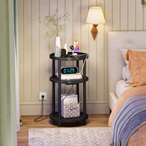 HOOBRO Small Round Side Table with Charging Station, 3-Tier Round Bamboo End Table, Compact Sofa Bedside Table for Small Space, Easy Assembly, for Living Room, Bedroom, Apartment, Black BB152UBZ01 - color: Black