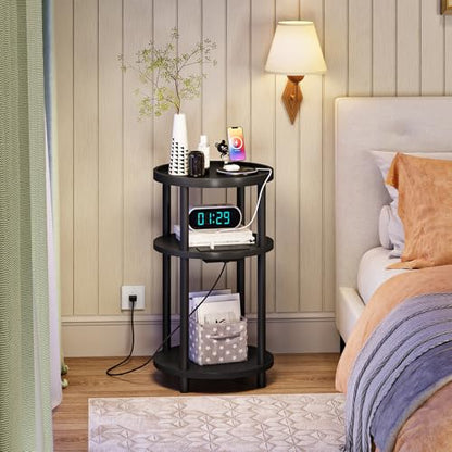 HOOBRO Small Round Side Table with Charging Station, 3-Tier Round Bamboo End Table, Compact Sofa Bedside Table for Small Space, Easy Assembly, for Living Room, Bedroom, Apartment, Black BB152UBZ01 - color: Black