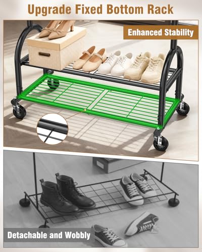 Heavy Duty Clothes Rack for Hanging Clothes Load 556 LBS, Height Adjustable Rolling Clothing Racks, Portable Metal Coat Rack Garment Wardrobe with Wheels and Shelves for Bedroom Laundry, Black - color: Black, style: 2 Shelves