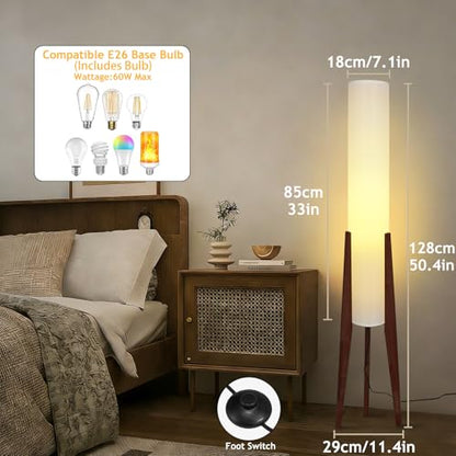 Wabi-Sabi 50" Wood Tripod Floor Lamp with Paper Lantern Inspired | Tall Linen Fabric Shade, E26 3-Color Temperatures Bulb Included, Foot Switch, Walnut Finish For Living Room, Bedroom, Office - color: Walnut
