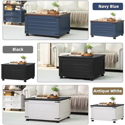Joaxswe Farmhouse Coffee Table with Hidden Storage, 59 Gallon Square Center Table for Living Room, Rustic Wood Cocktail Tables with Flip-Top Lids, Farm House Tables with Wooden Gourd Feet, Navy Blue - color: Blue, style: With Round Legs