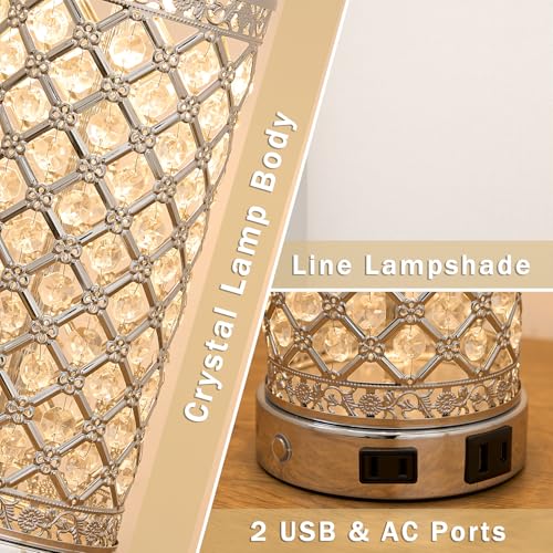 SAIWEYA 24in Crystal Table Lamp Bedroom Lamps for Night Stand Bedside | 3-Way Dimmable Touch with Night Ligh, 2 USB Ports + AC Outlet, White Fabric Shade, LED Bulb Included - color: Silver-1 Pack 24In
