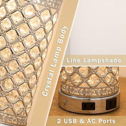 SAIWEYA 24in Crystal Table Lamp Bedroom Lamps for Night Stand Bedside | 3-Way Dimmable Touch with Night Ligh, 2 USB Ports + AC Outlet, White Fabric Shade, LED Bulb Included - color: Silver-1 Pack 24In