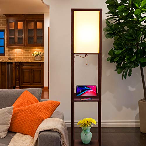 Brightech Maxwell – Modern Shelf Floor Lamp with USB Ports, Wireless Charging & Outlet – Versatile Corner Display and Lamp with Shelves, Storage Solution for Living Room, Office, Bedroom - color: Havana Brown