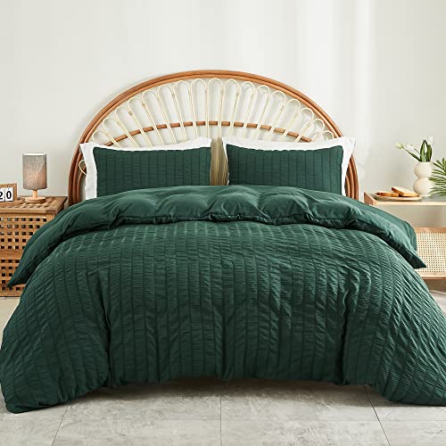AveLom Dark Green Seersucker Duvet Cover Set Queen Size (90 x 90 inches), 3 Pieces (1 Duvet Cover + 2 Pillow Cases), Ultra Soft Washed Microfiber, Textured Duvet Cover with Zipper Closure, Corner Ties - color: Dark Green, size: Queen(90''x90'')