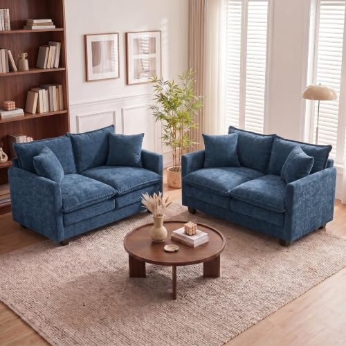 50'' Loveseat Sofa Set, Small Couch Set 2 Piece Cloud Love Seat with 27" Deep Seat Washable Chenille Pillows Couches for Small Spaces Apartment Living Room, Blue - color: Blue, size: 50"+50"