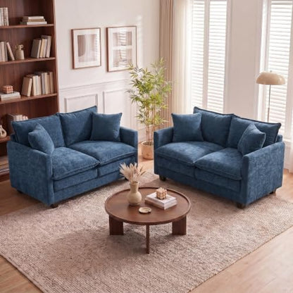50'' Loveseat Sofa Set, Small Couch Set 2 Piece Cloud Love Seat with 27" Deep Seat Washable Chenille Pillows Couches for Small Spaces Apartment Living Room, Blue - color: Blue, size: 50"+50"