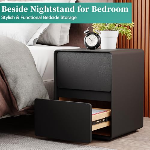 15.8" W Leather Narrow Nightstand Set of 2, Modern Fully-Assembled Bedside Table with 2 Drawers, Night Stand Small End Table & Side Table for Bedroom, Black - color: Black Set of 2, size: 16in