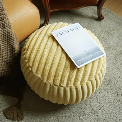 Round Floor Pouf Cover Storage Ottoman Foot Rest, Yellow | Cover Only, 20x20x8 In, Soft Short Plush, Ribbed Texture, Modern Style, Living Room, Bedroom, Reading Nook - color: Yellow B