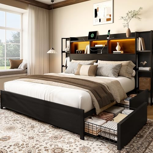 King Size Bed Frame with 4 Storage Drawers and Headboard Featuring Shelf Storage, Wooden Platform Bed Frame with LED Lights and Charging Station, Easy Assembly/No Box Spring Needed/Black - color: Black, size: King