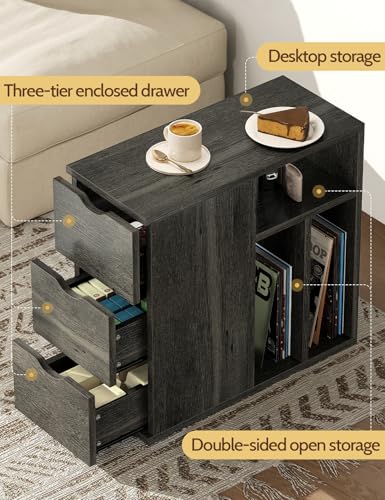 Narrow End Table with 3 Drawers, Wood Side Table with Storage Shelves for Living Room, Slim Sofa Side Table Nightstand for Bedroom (1, Black) - color: Classic Black