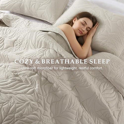R.SHARE Beige King Size Quilt Set, Neutral Soft Lightweight Bedspread, Farmhouse Rustic Country Coverlet, Leaf Pattern Bedding with 2 Shams, 3 Pieces Spring Summer Thin Comforter - color: Beige, size: King (104"x90")