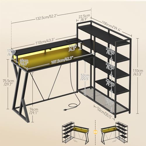 L Shaped Gaming Desk with Bookshelf, 52'' Reversible Computer Desk with LED Light & Power Outlet, Corner Desk with Storage Shelves and Monitor Stand for Home Office, Black