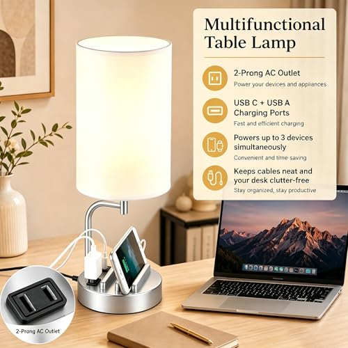 Dreamholder Touch Control USB Table Lamp with USB C/A & AC Outlet, 3-Way Dimmable Bedside Lamp, Modern Nightstand Lamps for Bedroom Living Room Guest Room Office, Bulb Included, Silver - color: Silver
