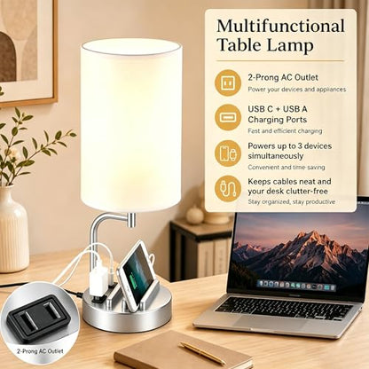 Dreamholder Touch Control USB Table Lamp with USB C/A & AC Outlet, 3-Way Dimmable Bedside Lamp, Modern Nightstand Lamps for Bedroom Living Room Guest Room Office, Bulb Included, Silver - color: Silver