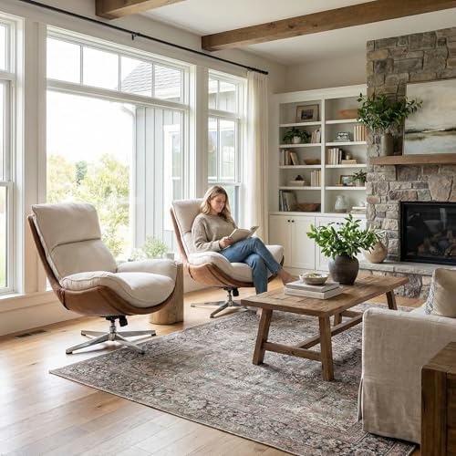 DUOMAY Set of 2 Linen Swivel Lounge Chair, Beige | High Back Upholstered Accent Chair With Chrome Base, Armless Comfy Recliner - color: Beige, size: Set of 2