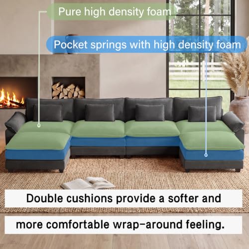 154" Modular Sectional Sofa, Comfy Deep Cloud Couch with Ottoman | U-Shaped Couches for Living Room, Modular Couch, Deep and Wide Seat, Velvet Sofa Sleeper with Throw Pillows, Blue Grey - color: Blue Gray, size: 154 Inch U
