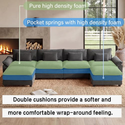 154" Modular Sectional Sofa, Comfy Deep Cloud Couch with Ottoman | U-Shaped Couches for Living Room, Modular Couch, Deep and Wide Seat, Velvet Sofa Sleeper with Throw Pillows, Blue Grey - color: Blue Gray, size: 154 Inch U
