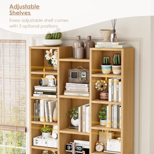 FOTOSOK 71'' H Bookshelf with 21 Cubes, Triple Wide Tall Bookshelf Natural | 8 Tier Bookcase with 8 Adjustable Shelves, Large Bookshelf DVD/CD Media Tower Storage, Freestanding Display Shelf Cabinet - color: Natural