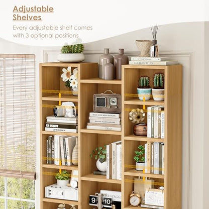 FOTOSOK 71'' H Bookshelf with 21 Cubes, Triple Wide Tall Bookshelf Natural | 8 Tier Bookcase with 8 Adjustable Shelves, Large Bookshelf DVD/CD Media Tower Storage, Freestanding Display Shelf Cabinet - color: Natural