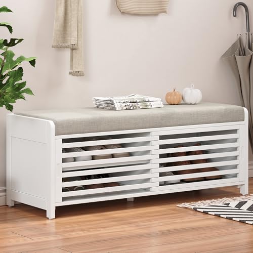 LUMISOL Shoe Bench with Storage and Cushion, Farmhouse Distressed Shutter Storage Bench with Retro Charm for Living Room, Entryway, White - color: White, size: 43.3"L x 15.4"W x 16.5"H