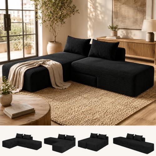 Boneless Sectional Couch, 4 in 1 Convertible Cloud Couch with Reversible Chaise & Deep Seat, Modular Sectional Sofa for Apartment, No Assembly Corduroy Foam Couch in a Box, Black - color: Black, size: 89" Convertible Chaise Corduroy