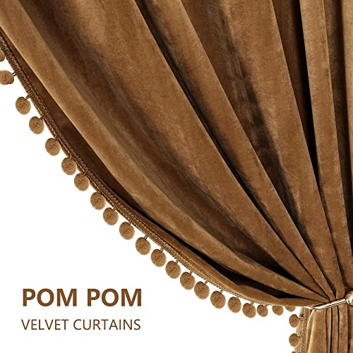 Benedeco Pom Pom Velvet Blackout Curtains 52x108, Toffee Camel, 2 Panels | Elegant Room Darkening Thermal Insulated Energy Saving Noise Reducing Boho Drapes for Bedroom, Living Room - color: A-camel, size: 52"W x 108"L (Pack of 2)