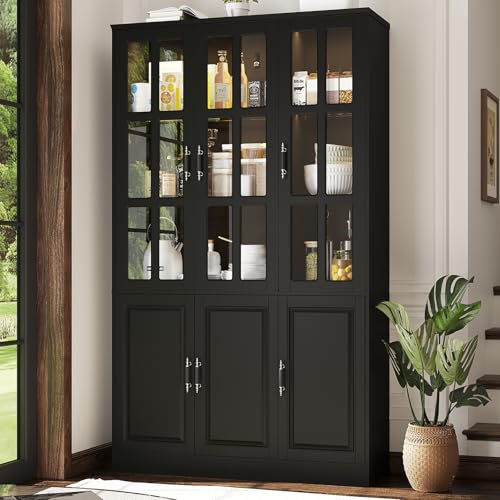 78.7" Kitchen Pantry Storage Cabinet with LED Lights, Tall Pantry Cabinet with Glass Doors, Kitchen Hutch Utility Pantry, Black (47.2" W x 15.7" D) - color: Black, size: 6 Doors